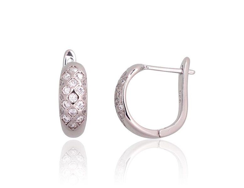 Silver Earrings with Zirconia, English Lock, 925 Silver, Rhodium, 15.5 mm