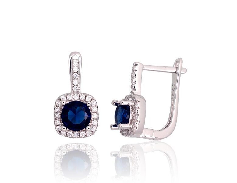 Silver Earrings with Blue Zirconia, English Lock, 925 Silver, Rhodium, 15.5 mm
