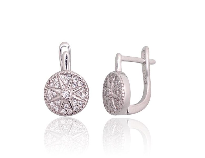 Silver Earrings with Zirconia, English Lock, 925 Silver, Rhodium, 12.5 mm