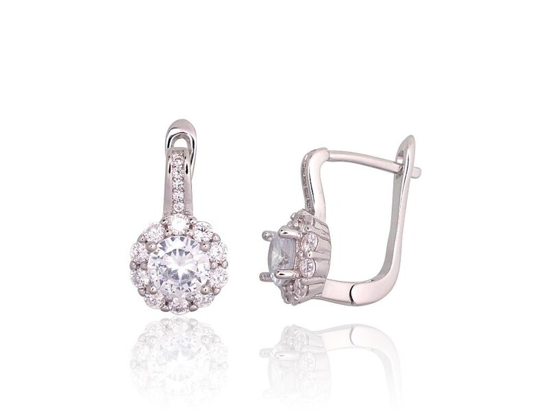 Silver Earrings with Zirconia, English Lock, 925 Silver, Rhodium, 15.5 mm