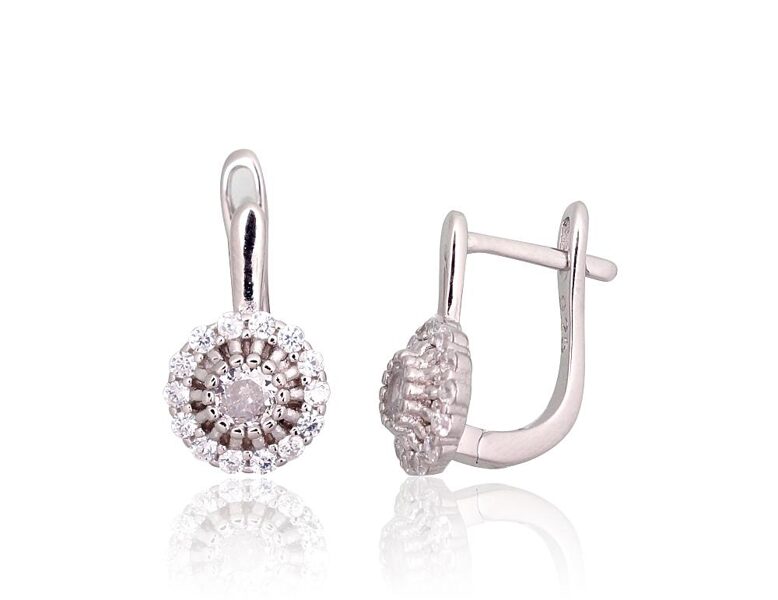 Silver Earrings with Zirconia, English Lock, 925 Silver, Rhodium, 14 mm