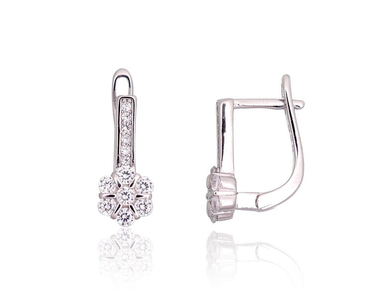 Silver Earrings with Zirconia, English Lock, 925 Silver, Rhodium, 13.5 mm