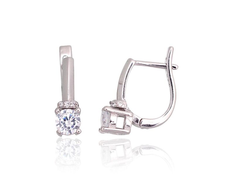 Silver Earrings with Zirconia, English Lock, 925 Silver, Rhodium, 14.5 mm
