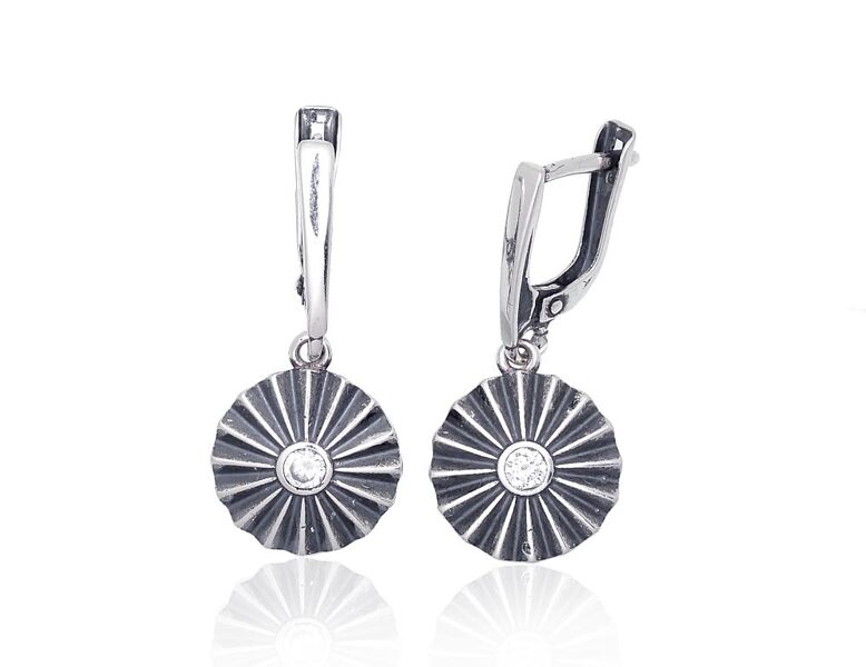 Silver Earrings with Zirconia, English Lock, 925 Silver, Oxidized, 30 mm