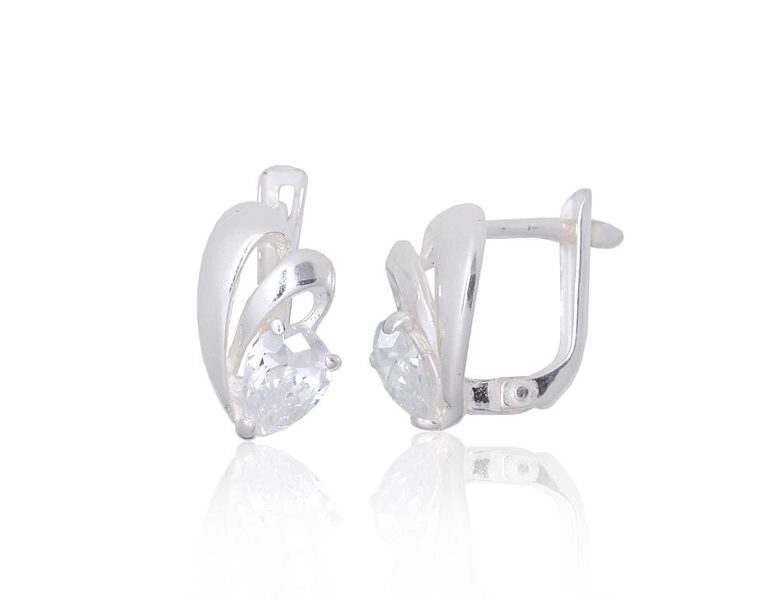 Silver Earrings with Zirconia, English Lock, 925 Silver, 14 mm