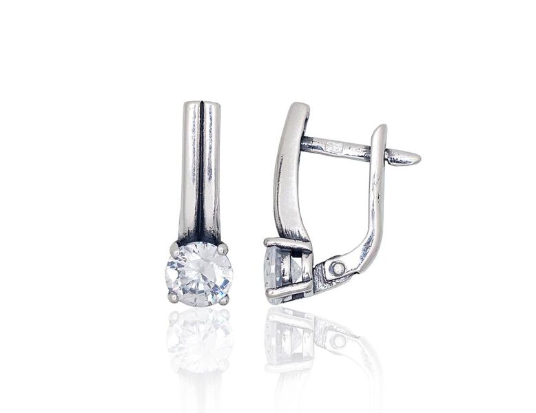 Silver Earrings with Zirconia, English Lock, 925 Silver, Oxidized, 18.5 mm