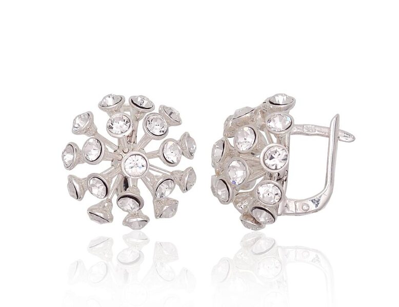 Silver Earrings with Crystals, English Lock, 925 Silver, 19 mm