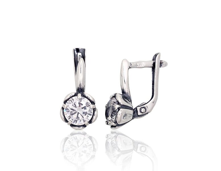 Silver Earrings with Zirconia, English Lock, 925 Silver, Oxidized, 16 mm