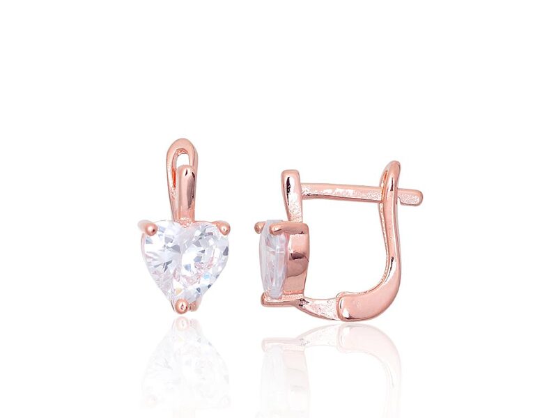 Серебряные серьги с цирконами, английский замок, серебро 925, покрытие красным золотом, 11 мм