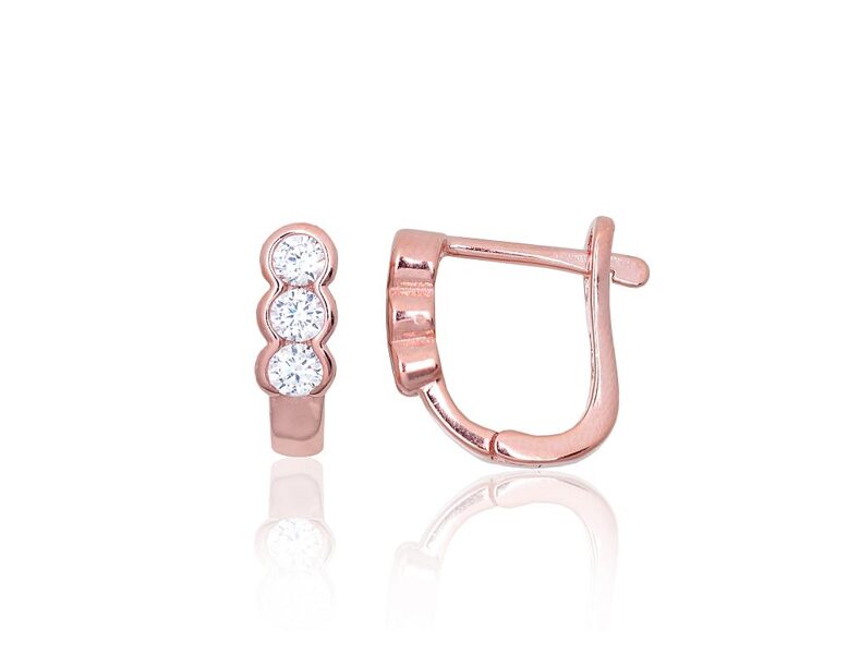 Серебряные серьги с цирконами, английский замок, серебро 925, покрытие красным золотом, 13 мм