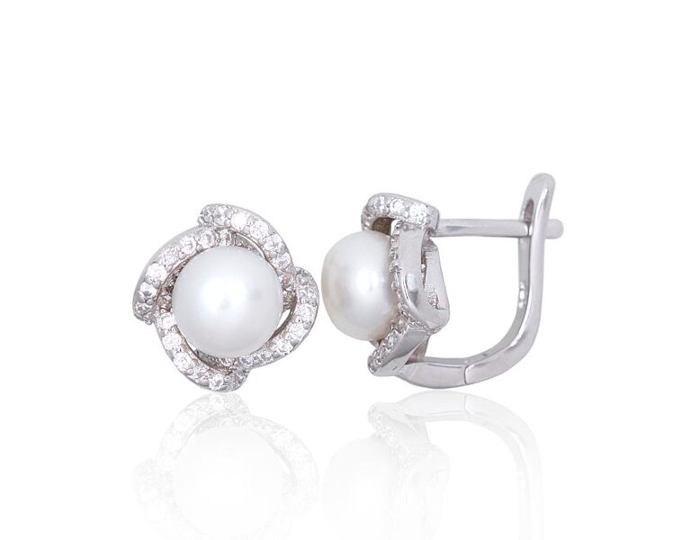 Silver earrings with pearls and cubic zirconia, English lock – 925 sterling silver with rhodium plating