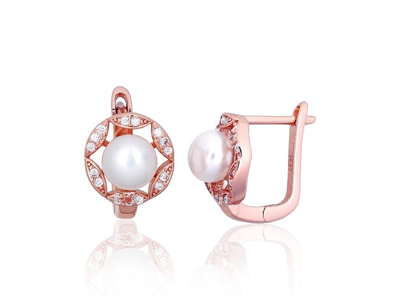 Silver earrings with pearls and cubic zirconia, English lock – 925 sterling silver with rose gold plating