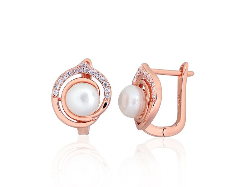 Silver earrings with pearls and cubic zirconia, English lock – 925 sterling silver with rose gold plating