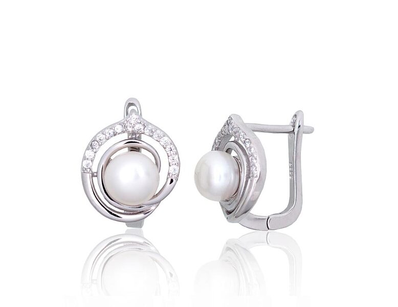 Women's silver earrings with English lock – 925°, pearls & zirconia, 15 mm