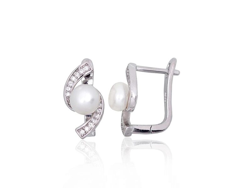 Silver earrings with pearls and cubic zirconia, English lock – 925 sterling silver with rhodium plating