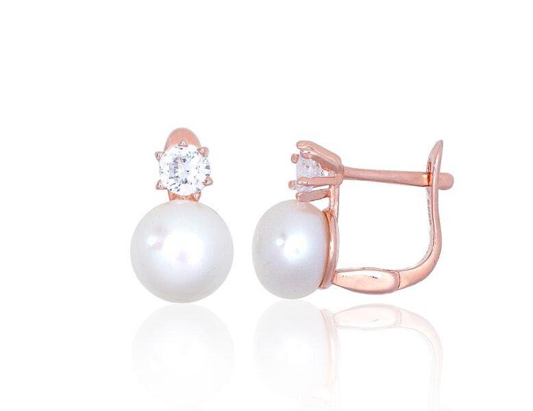 Sidabriniai auskarai su cirkoniais ir perlais, angliškas užsegimas, 925 sidabras, rožinio aukso danga