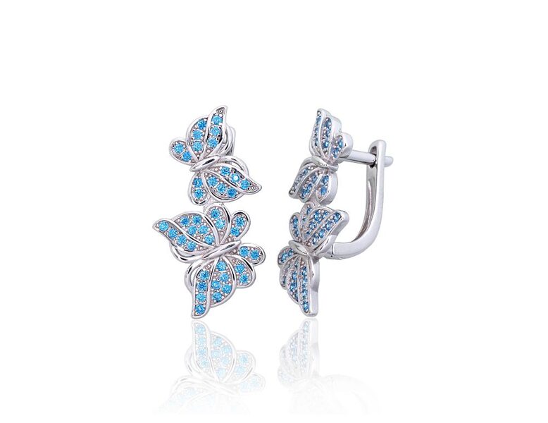 Silver Earrings "Butterflies" with Blue Zircons 2203851(PRh-Gr)_CZ