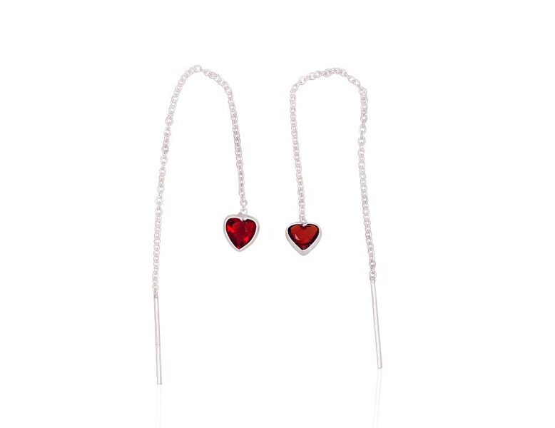 Long Silver Earrings – Red Zirconia Heart, 925°, 60 mm
