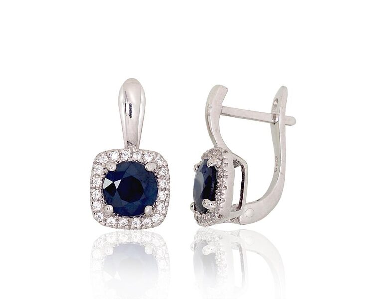 Silver earrings with sapphires and zircons