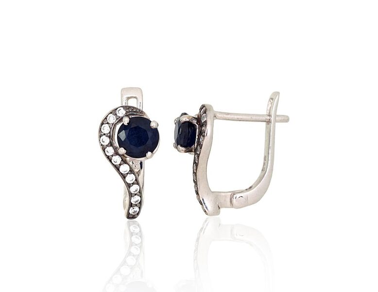 Women's silver earrings with sapphires and zircons