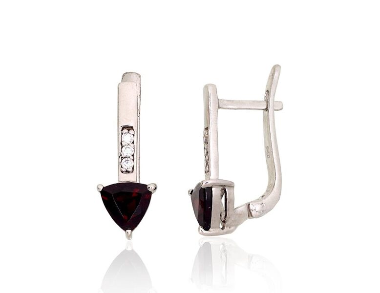 Women's silver earrings with garnet and zircons
