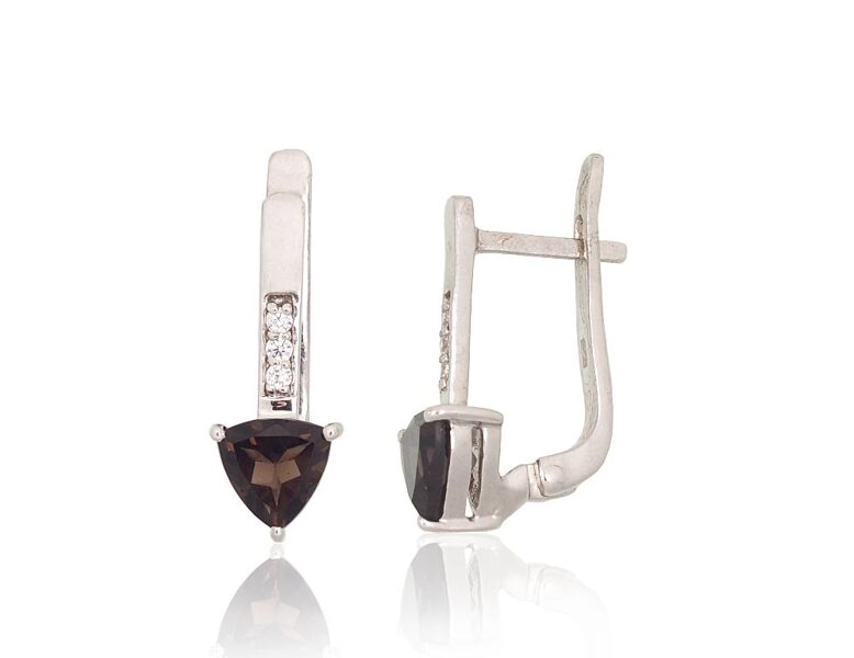 Sudraba auskari ar dūmu kvarcu un cirkoniem, angļu slēdzis – 925° sudrabs ar rodija pārklājumu, 22 mm