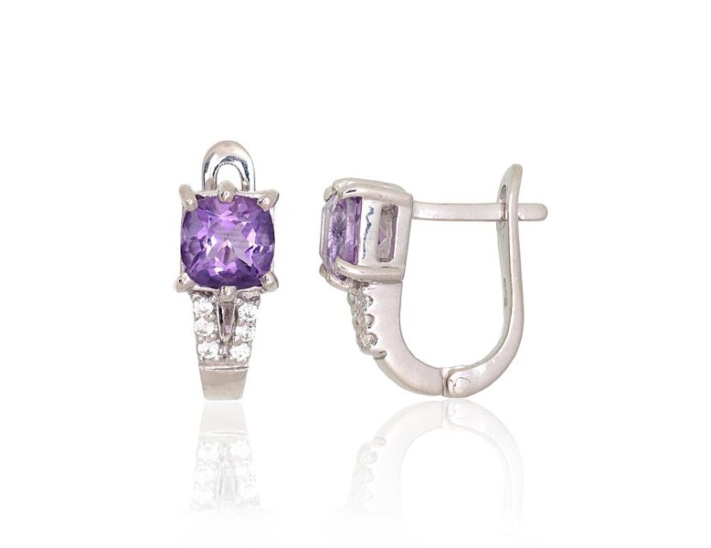 Sudraba auskari ar ametistu un cirkoniem, angļu slēdzis – 925° sudrabs ar rodija pārklājumu, 16 mm