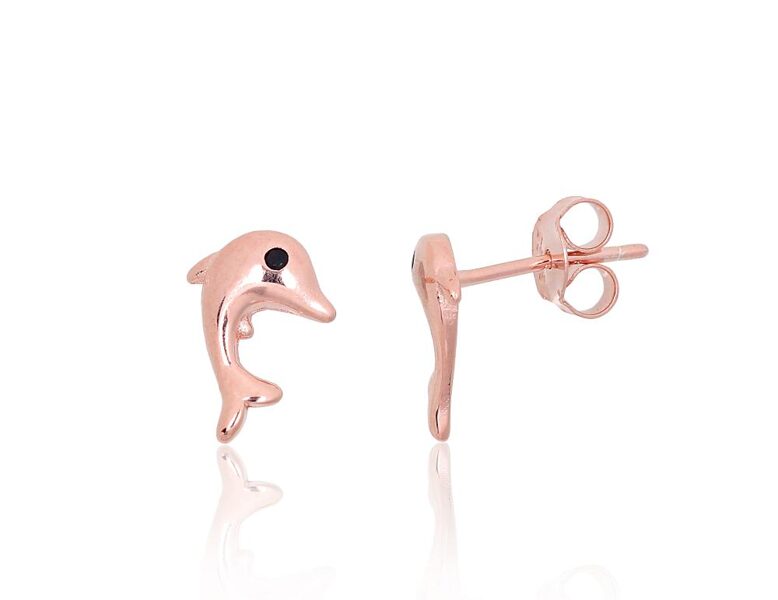 Bērnu sudraba auskari-nagliņas ar cirkoniem “Delfīns”, 925° sudrabs, sarkanā zelta pārklājums
