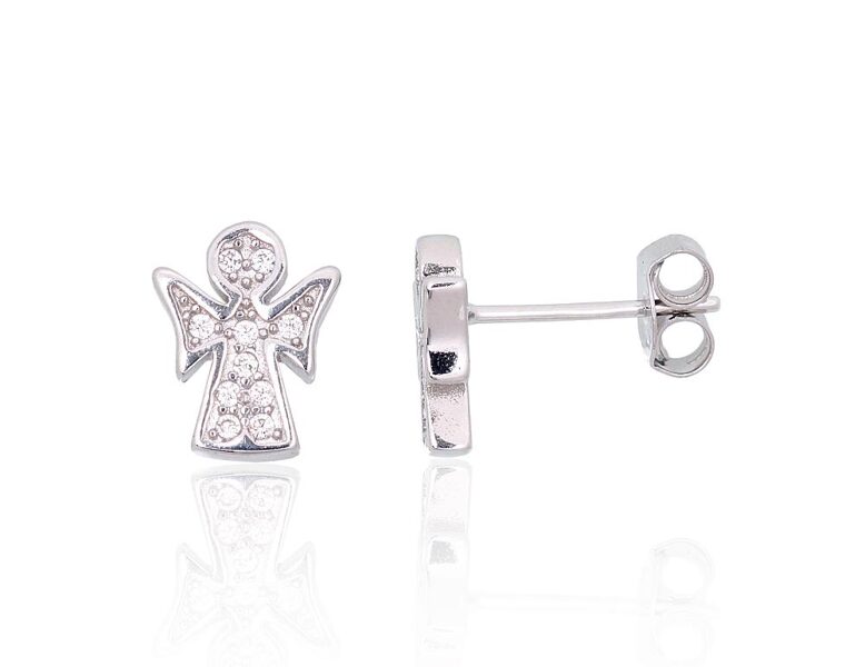 Vaikiški sidabriniai auskarai-vinukai “Angelėlis”, 925°, rodžio danga, cirkoniai, 10 mm