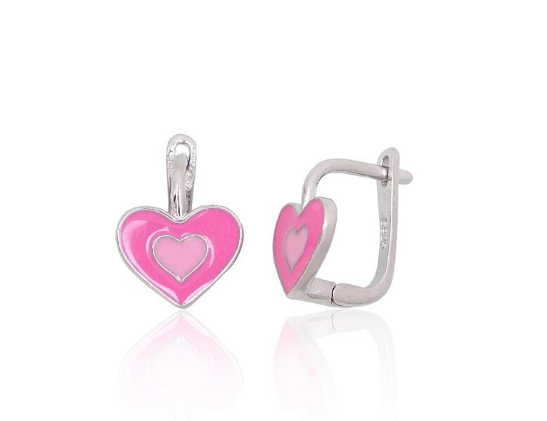 Kids’ Silver Earrings with Heart – Enamel, English Lock, 925 Silver