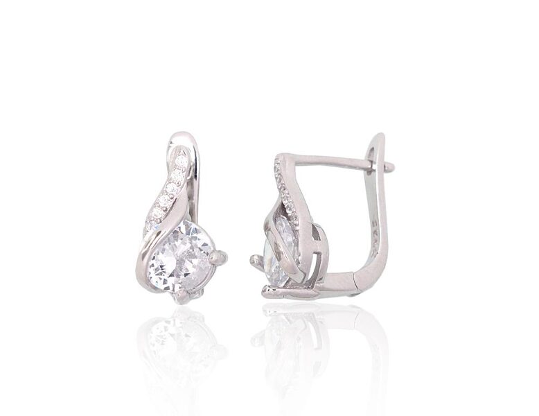 Серебряные серьги с цирконами, английский замок, серебро 925, родиевое покрытие, 12 мм