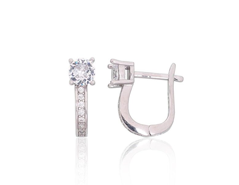 Серебряные серьги с цирконами, английский замок, серебро 925, родиевое покрытие, 15 мм