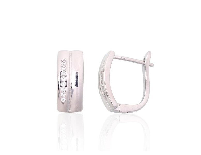 Серебряные серьги с цирконами, английский замок, серебро 925, родиевое покрытие, 14 мм