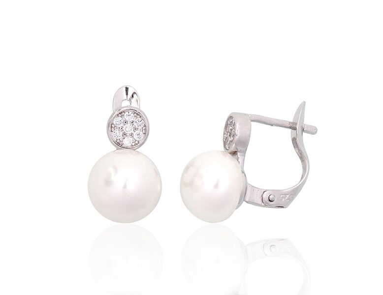 Silver earrings with pearls and cubic zirconia, English lock – 925 sterling silver with rhodium plating