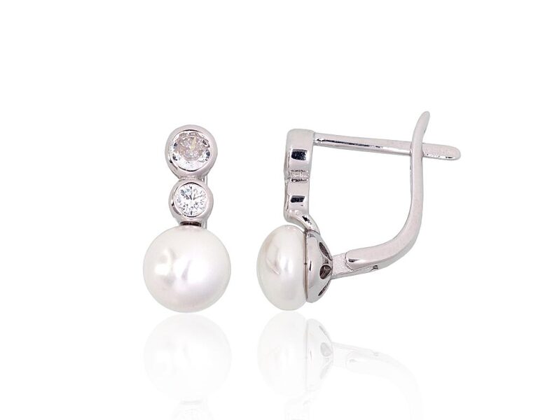 Silver earrings with pearls and cubic zirconia, English lock – 925 sterling silver with rhodium plating