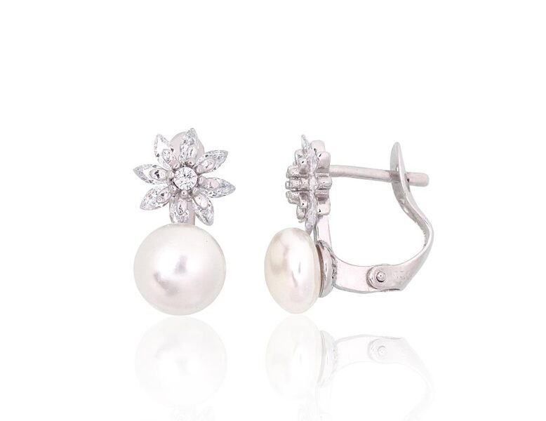 Silver earrings with pearls and cubic zirconia, English lock – 925 sterling silver with rhodium plating
