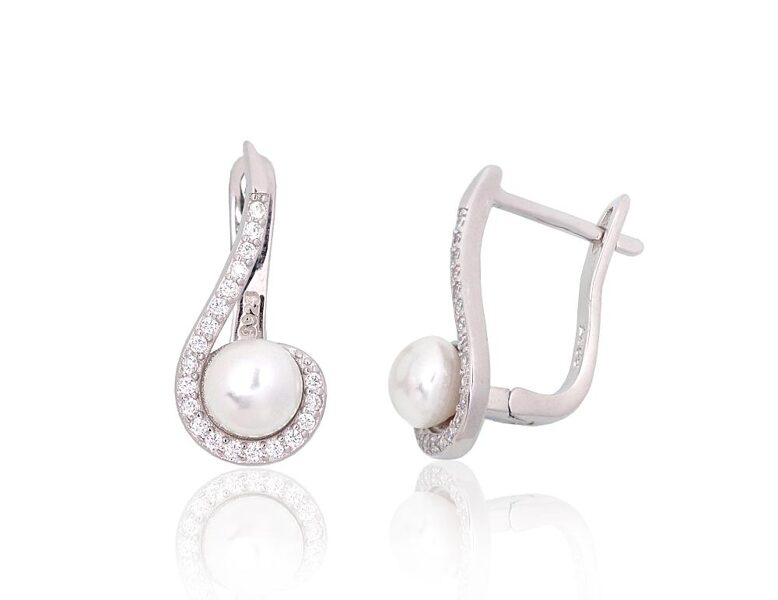 Silver earrings with pearls and cubic zirconia, English lock – 925 sterling silver with rhodium plating, 18 mm