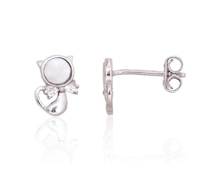 Vaikiški sidabriniai auskarai „Kačiukas“, 925°, su perlamutru ir cirkoniu