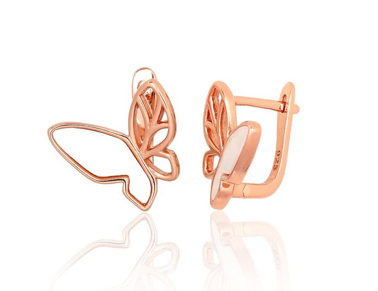 Серебряные серьги «Бабочка» с перламутром, английский замок, серебро 925, покрытие красным золотом, 16 мм