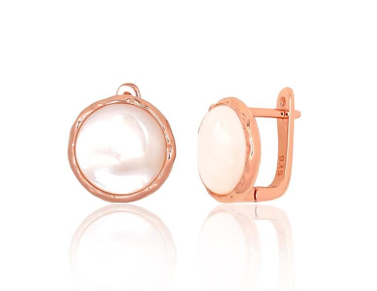 Серебряные серьги с перламутром, английский замок, серебро 925, покрытие красным золотом, 13 мм