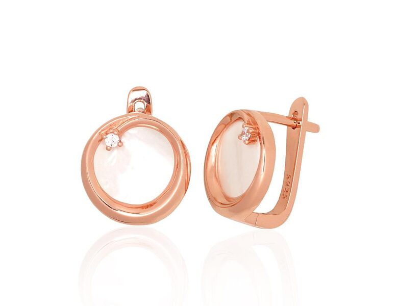 Серебряные серьги с перламутром и цирконами, английский замок, серебро 925, покрытие красным золотом, 14 мм