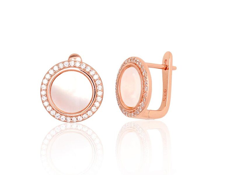 Серебряные серьги с перламутром и цирконами, английский замок, серебро 925, покрытие красным золотом, 13 мм