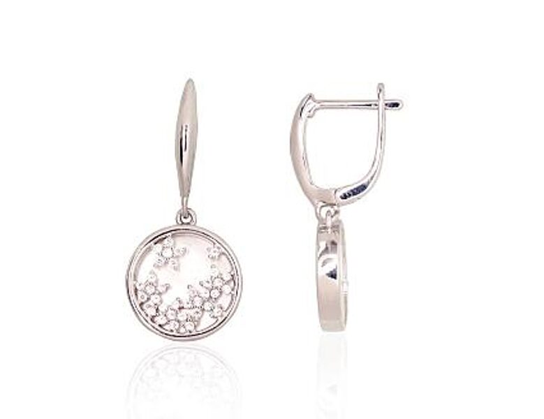 Silver Earrings with "English" Lock and Zircon Floral Design 2204185(PRh-Gr)_CZ+PL