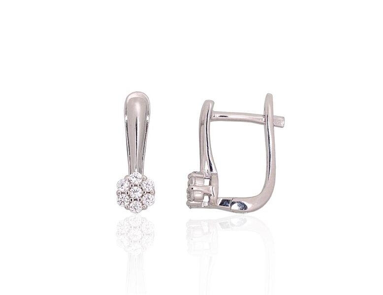 Серебряные серьги с цирконами и английским замком, серебро 925, родиевое покрытие, 14 мм
