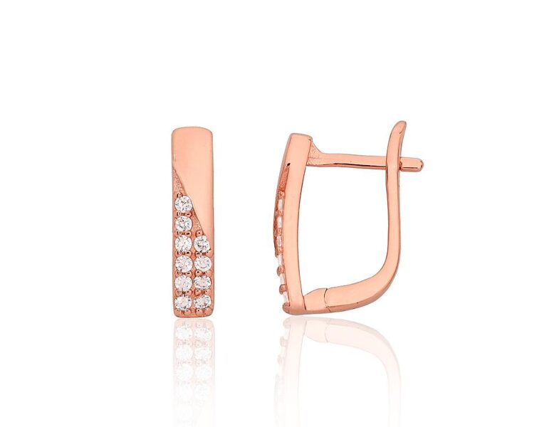 Silver Earrings with “English” Lock, Cubic Zirconia and Red Gold Plating