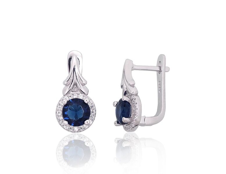 Silver Earrings with Blue Zirconia and English Lock, 925 Sterling Silver Rhodium Plated, 17 mm