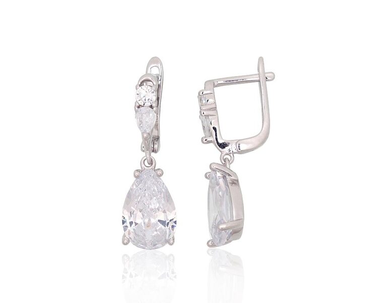 Women’s Silver Earrings with Zirconia, 925 Silver, Rhodium, English Lock, 26 mm