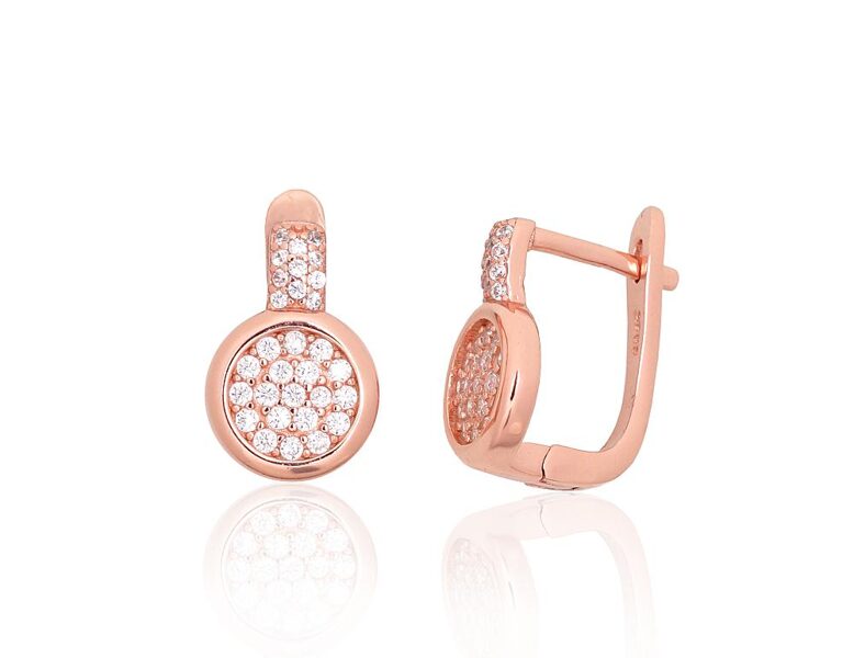 Sidabriniai auskarai su cirkoniais ir anglišku užsegimu, 925 sidabras su raudono aukso danga, 13 mm
