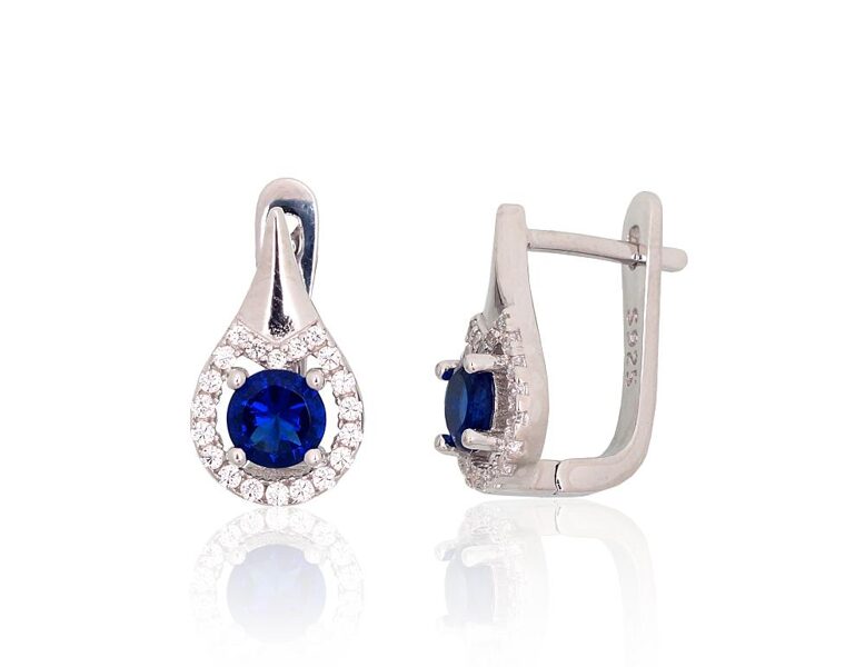 Silver Earrings with Blue Zirconia and English Lock, 925 Sterling Silver Rhodium Plated, 15 mm
