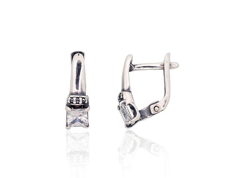 Серебряные серьги с цирконами и английским замком, оксидированное серебро 925°